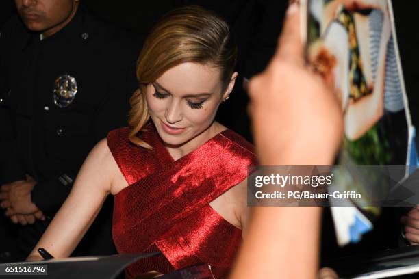 Brie Larson is seen arriving at the premiere of Kong: Skull Island on March 08, 2017 in Los Angeles, California.