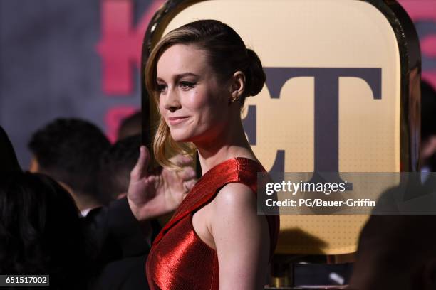 Brie Larson is seen arriving at the premiere of Kong: Skull Island on March 08, 2017 in Los Angeles, California.