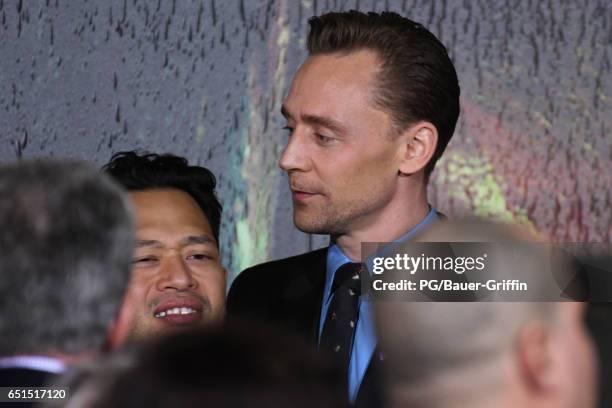 Tom Hiddleston is seen arriving at the premiere of Kong: Skull Island on March 08, 2017 in Los Angeles, California.