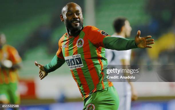 Vagner Love of Aytemiz Alanyaspor celebrates after scoring a goal during the Turkish Spor Toto Super Lig match between Aytemiz Alanyaspor and...