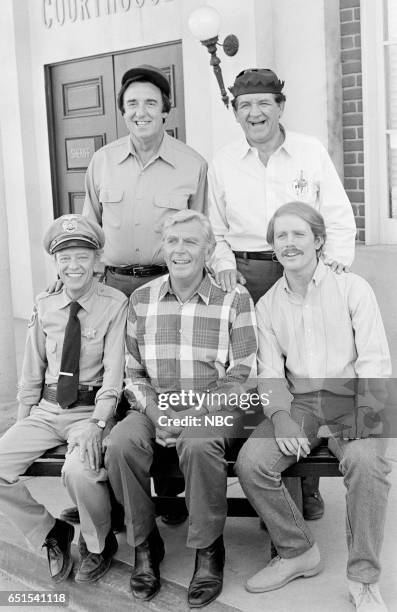 Pictured: Don Knotts as Barney Fife, Jim Nabors as Gomer Pyle, Andy Griffith as Andy Taylor, George Lindsey as Goober Pyle, Ron Howard as Opie Taylor...