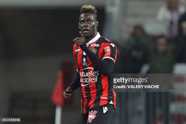 Nice's Italian forward Mario Balotelli celebrates after scoring a goal during the French L1 football match Nice vs Caen on March 10, 2017 at the...