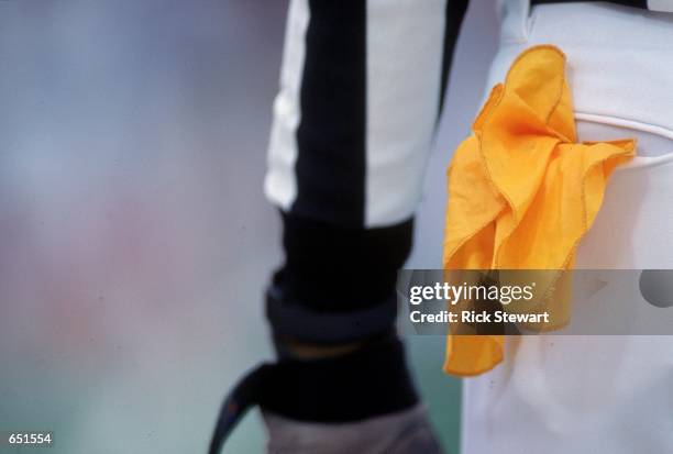 Close up view of the referee flag taken during the game between the Buffalo Bills and the Chicago Bears at Ralph Wilson Stadium in Orchard Park, New...