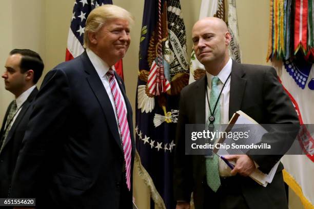 President Donald Trump arrives for a meeting with White House Director of Legislative Affairs Marc Short and House of Representatives committee...