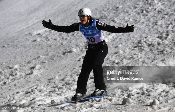 Ashley Caldwell of the United States celebrate after her jump during the Women's Aerials Final on day three of the FIS Freestyle Ski and Snowboard...
