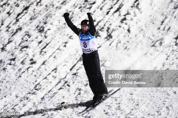 Jonathon Lillis of the United States celebrates during the Men's Aerials Final on day three of the FIS Freestyle Ski and Snowboard World...