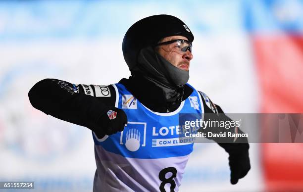 Jonathon Lillis of the United States celebrates during the Men's Aerials Final on day three of the FIS Freestyle Ski and Snowboard World...