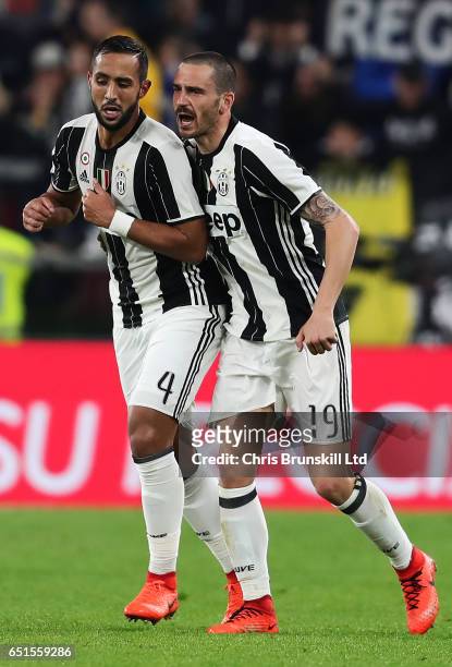 Medhi Benatia of Juventus FC celebrates scoring the first goal to make the score 1-0 with Leonardo Bonucci during the Serie A match between Juventus...