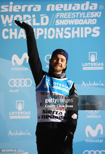 Gold medalist Jonathon Lillis of the United States celebrates during the medal ceremony for the Men's Aerials Final on day three of the FIS Freestyle...