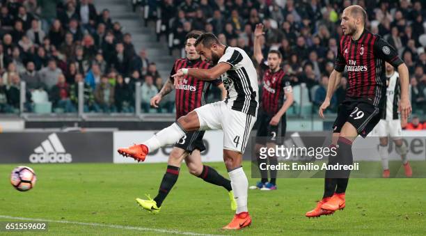 Medhi Benatia of Juventus FC scores the opening goal during the Serie A match between Juventus FC and AC Milan at Juventus Stadium on March 10, 2017...