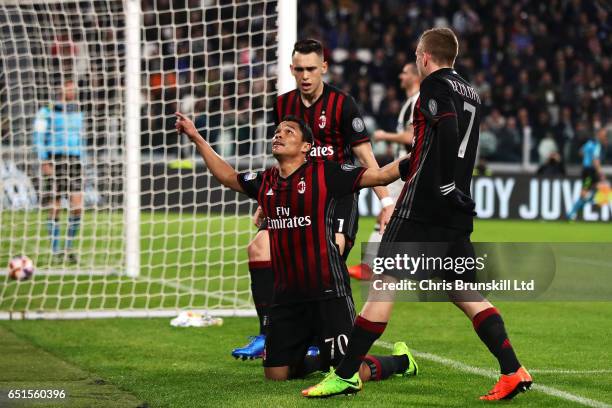 Carlos Bacca of AC Milan celebrates scoring his team's first goal to make the score 1-1 during the Serie A match between Juventus FC and AC Milan at...