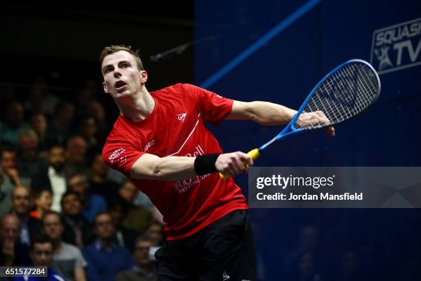 Nick Matthew of England serves during his final match against Fares Dessouky of Egypt during day five of the Canary Wharf Squash Classic 2017 at the...