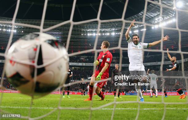 Claudio Pizarro of Bremen celebrates his team's first goal during the Bundesliga match between Bayer 04 Leverkusen and Werder Bremen at BayArena on...