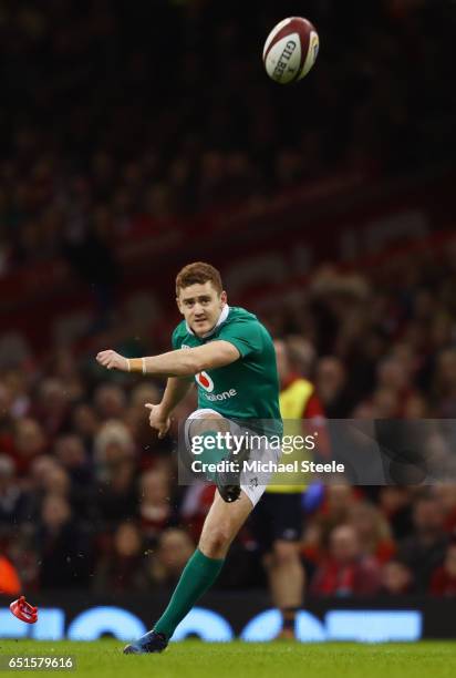 Paddy Jackson of Ireland kicks at goal during the Six Nations match between Wales and Ireland at the Principality Stadium on March 10, 2017 in...