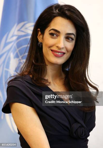 Human rights attorney Amal Clooney visits the Secretary-General Of The United Nations Antonio Guterres at United Nations Headquarters on March 10,...