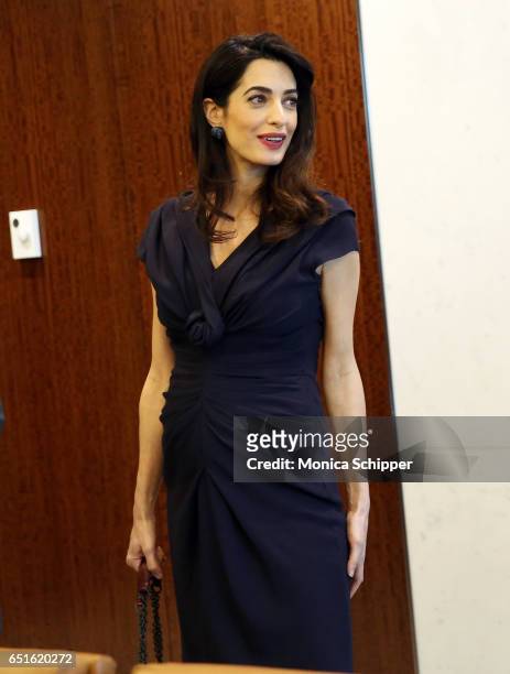 Human rights attorney Amal Clooney visits the Secretary-General Of The United Nations Antonio Guterres at United Nations Headquarters on March 10,...