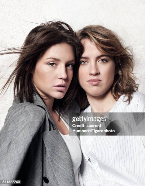 Actresses Adele Haenel and Adele Exarchopoulos are photographed for Madame Figaro on January 21, 2017 in Paris, France. Exarchopoulos: Coat , t-shirt...