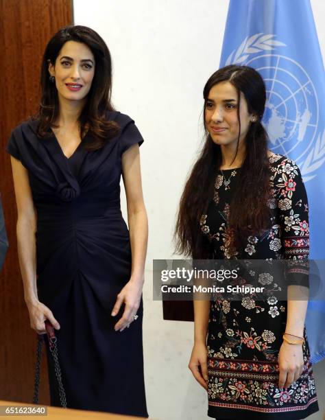 Human rights attorney Amal Clooney and human rights activist Nadia Murad visit the Secretary-General Of The United Nations Antonio Guterres at United...