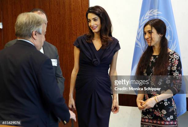 Human rights attorney Amal Clooney and human rights activist Nadia Murad visit the Secretary-General Of The United Nations Antonio Guterres at United...