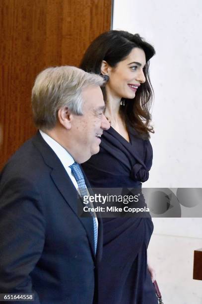9th Secretary-General of the United Nations António Guterres and Amal Clooney arrive at United Nations Headquarters on March 10, 2017 in New York...