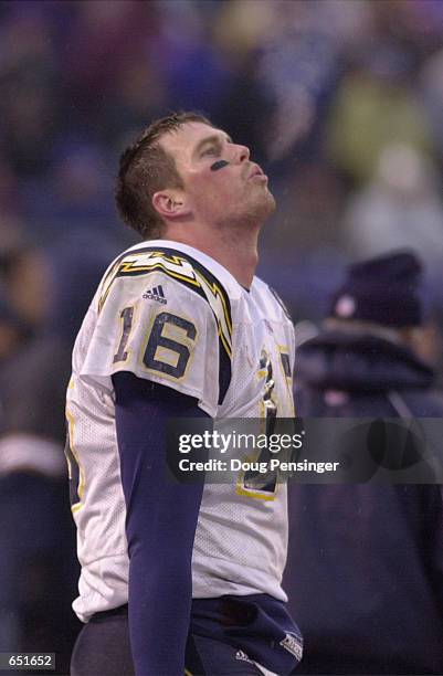 Ryan Leaf of the San Diego Chargers looks on from the sideline as the Baltimore Ravens clinched a playoff birth with a 24-3 defeat of the Chargers at...