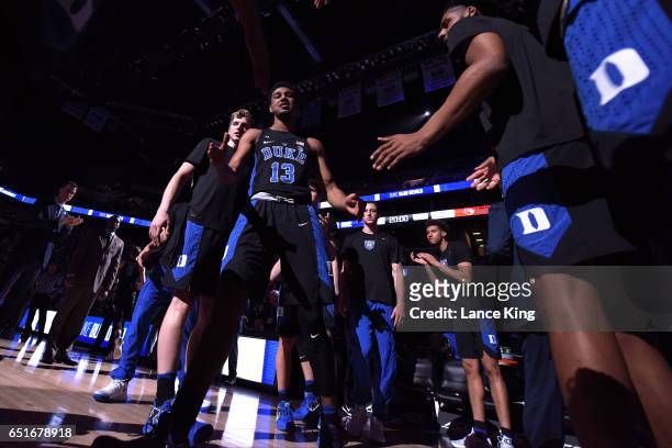 Matt Jones of the Duke Blue Devils is introduced prior to their game against the Louisville Cardinals during the quarterfinals of the ACC Basketball...