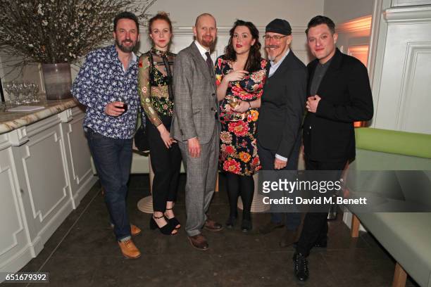 Cast members Lee Mack, Ellie White, director Sean Foley, Katy Wix, Griff Rhys Jones and Mathew Horne attend the press night after party for "The...