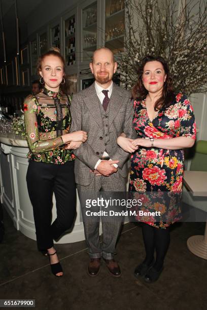 Ellie White, director Sean Foley and Katy Wix attend the press night after party for "The Miser" at The National Portrait Gallery on March 10, 2017...