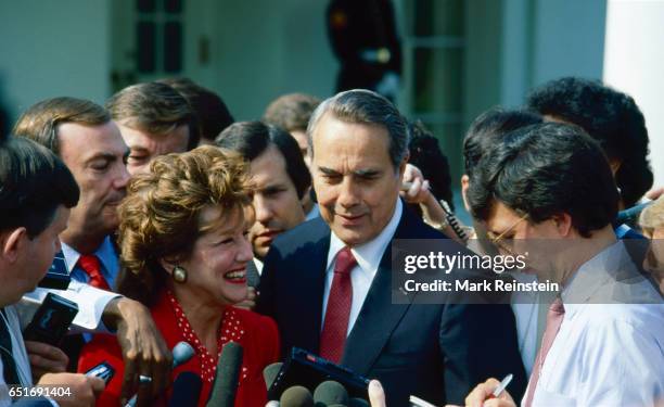 Secretary of Transportation Elizabeth Dole meets with the press outside the White House after announcing her resignation, Washington DC, September...