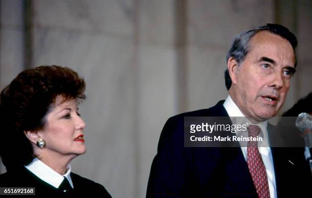 In the Caucus Room of the Russell Senate Office Building, American politician US Senator Bob Dole announces his withdrawal from his Presidential...