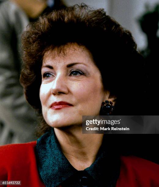 Close-up of Secretary of Labor-nominee Elizabeth Dole on the porch of the Vice President's residence, Washington DC, December 24, 1988. She was...