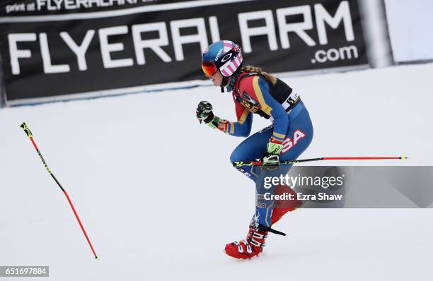 Mikaela Shiffrin of the United States celebrates after winning the Audi FIS World Cup Ladies' Giant Slalom on March 10, 2017 in Squaw Valley,...