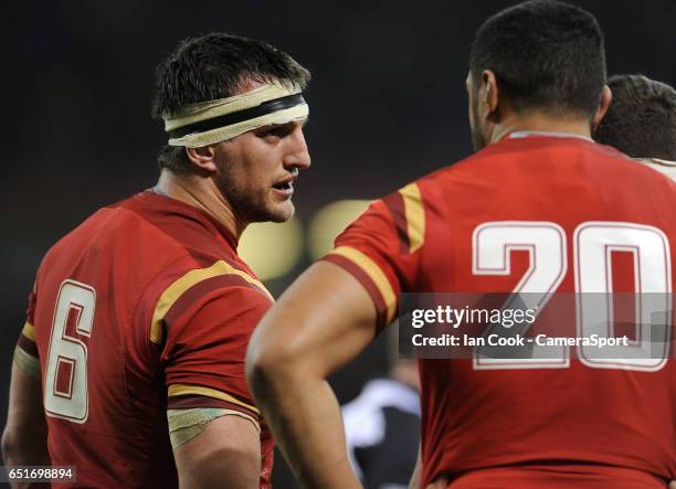 Wales' Sam Warburton chats to Taulupe Faletau during the RBS Six Nations Championship match between Wales and Ireland at Principality Stadium on...