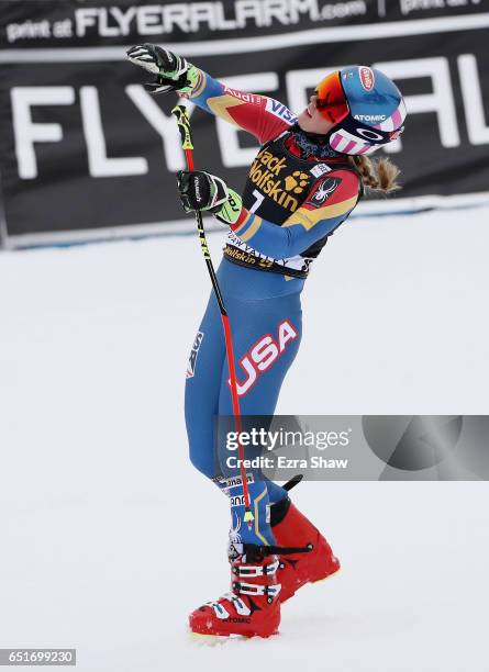 Mikaela Shiffrin of the United States celebrates after winning the Audi FIS World Cup Ladies' Giant Slalom on March 10, 2017 in Squaw Valley,...