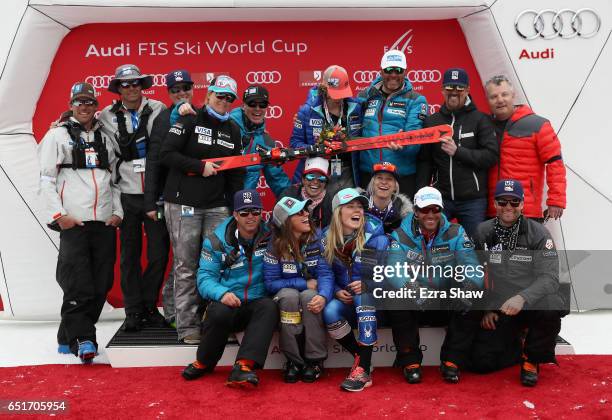 Mikaela Shiffrin of the United States takes a picture with the US Ski Team after she won the Audi FIS World Cup Ladies' Giant Slalom on March 10,...