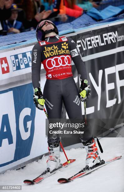 Tessa Worley of France reacts after finishing the second run of the Audi FIS World Cup Ladies' Giant Slalom on March 10, 2017 in Squaw Valley,...