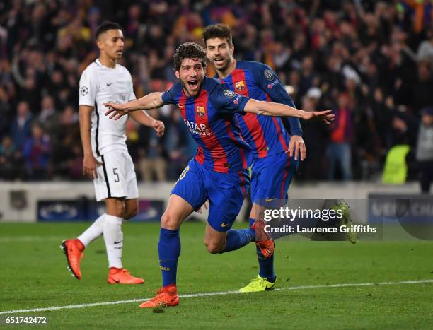 Sergio Roberto of Barcelona celebrates scoring the sixth goal during the UEFA Champions League Round of 16 second leg match between FC Barcelona and...