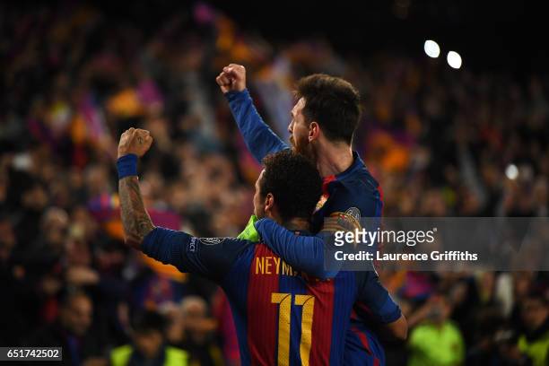 Lionel Messi and Neymar of Barcelona celebrate the sixth goal during the UEFA Champions League Round of 16 second leg match between FC Barcelona and...