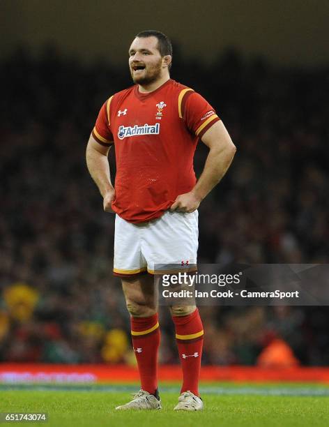 Wales' Ken Owens in action during todays match during the RBS Six Nations Championship match between Wales and Ireland at Principality Stadium on...