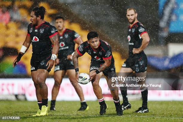 Issac Luke of the Warriors in action during the round two NRL match between the New Zealand Warriors and the Melbourne Storm at Mt Smart Stadium on...