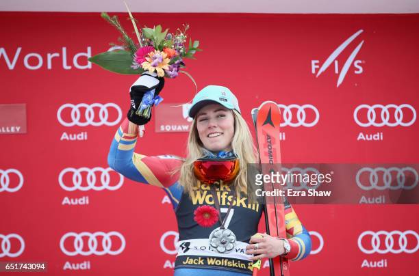 Mikaela Shiffrin of the United States celebrates on the podium after winning the Audi FIS World Cup Ladies' Giant Slalom on March 10, 2017 in Squaw...