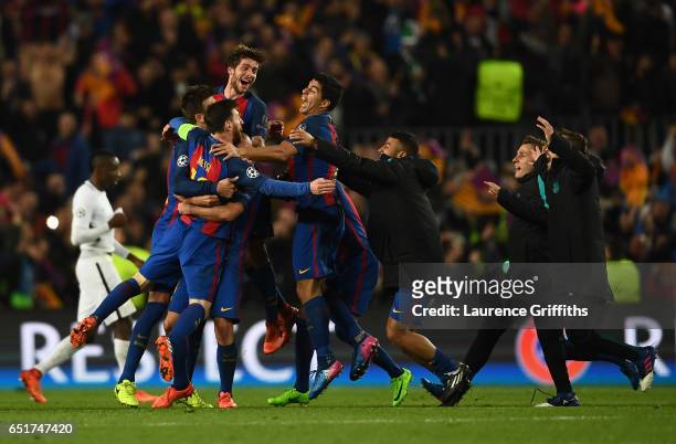 Lionel Messi,Sergio Roberto and Luis Suarez of Barcelona celebrate on the final whistle during the UEFA Champions League Round of 16 second leg match...