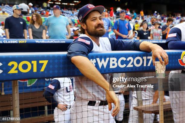Andrew Miller of Team USA looks on from the dugout prior to Game 2 Pool C of the 2017 World Baseball Classic against Team Colombia on Friday, March...