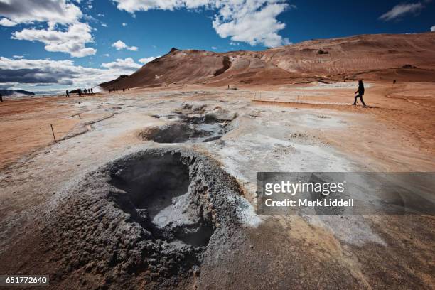 mud pots at hverarond hot spring area, myvatn, iceland - myvatn stock pictures, royalty-free photos & images