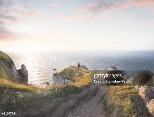 girl walking on edge of grassy cliff - 諾曼第 個照片及圖片檔