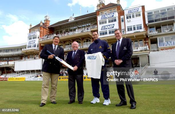 Surrey CCC Chairman Michael Soper presents a bat to AMP Chairman Sir Malcolm Bates watched by Martin Bicknell and Surrey CCC CEO Paul Sheldon