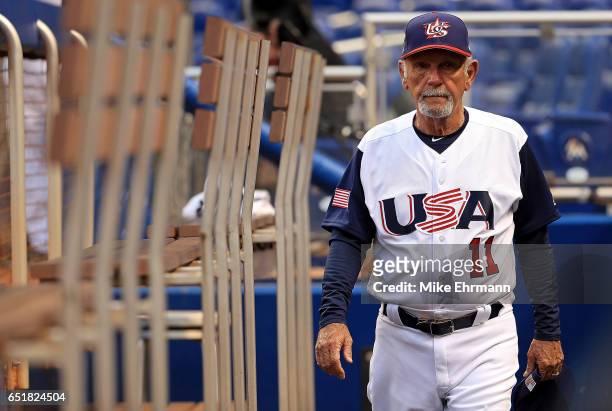 Manager Jim Leyland of the United States looks on during a Pool C game of the 2017 World Baseball Classic against Comubia at Miami Marlins Stadium on...