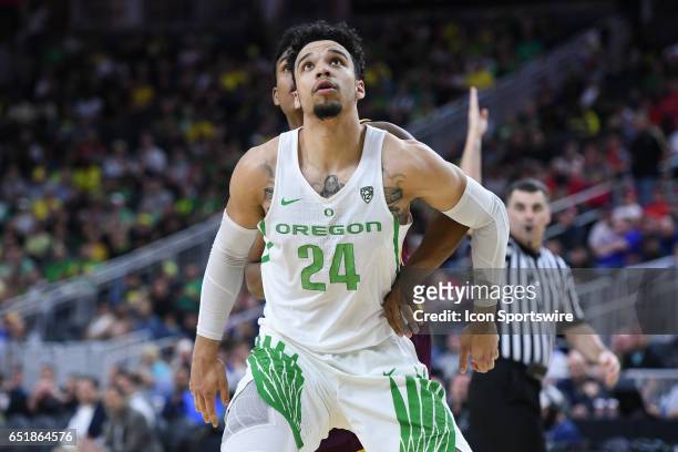 Oregon forward Dillon Brooks boxes out for a rebound during the quarterfinal game of the Pac-12 Tournament between the Arizona State Sun Devils and...