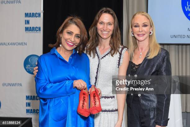 Muna Rihani Al-Nasser, Anne De Carbuccia and Barbara Winston attend The United Nations Women for Peace Association's Annual Awards Luncheon on March...