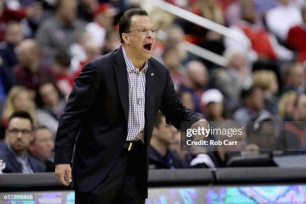 Head coach Tom Crean of the Indiana Hoosiers watches from the sidelines against the Wisconsin Badgers during the Big Ten Basketball Tournament at...